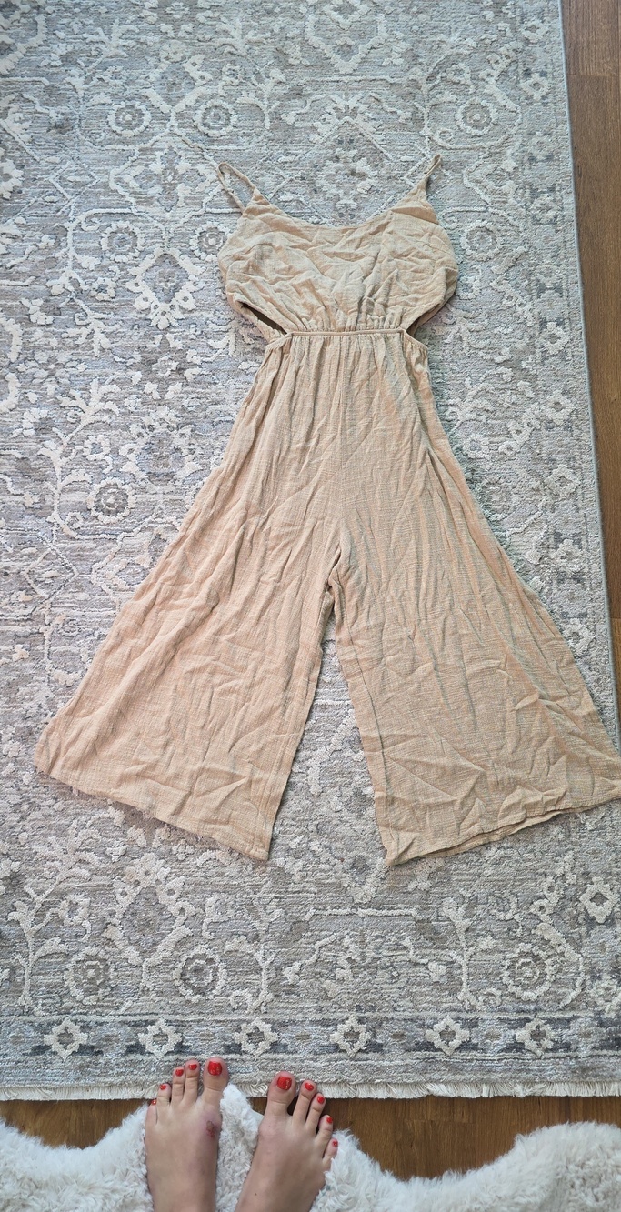 Audrey 3+1 Beige Wide-Leg Spaghetti Strap Jumpsuit